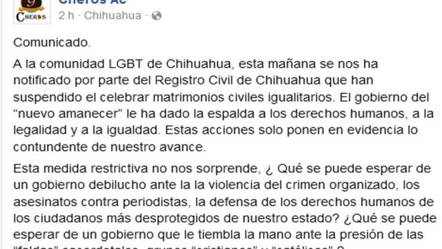 Suspenden en Chihuahua las bodas entre personas del mismo sexo