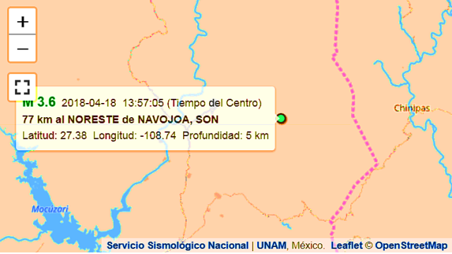 Nuevo sismo de 3.6° Richter, a 11 kms. de Chínipas, Chihuahua