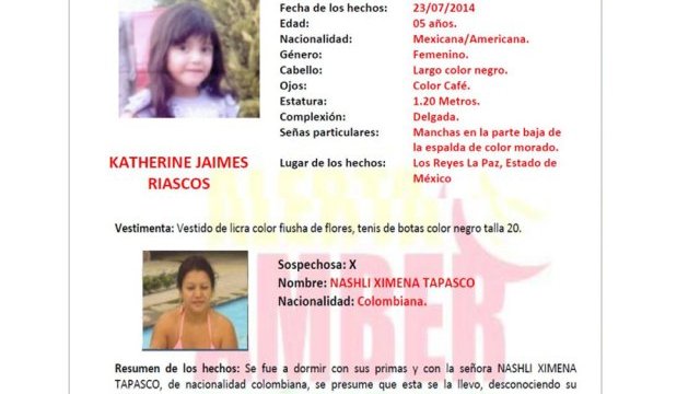 Alerta Ámber, piden ayuda para encontrar a niña de 5 años