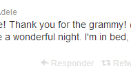 Gana Adele Gramy y manda las gracias desde su cama y a través de Twitter 
