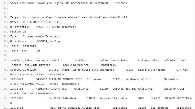 Anonymous Chihuahua publica datos de 122 alumnos de Conalep