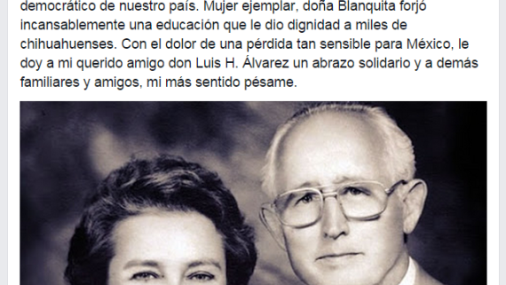 Ex Gobernador Reyes Baeza lamenta muerte de Blanca Magrassi de Álvarez 